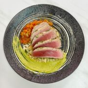 Herbs Crusted tuna with tomato chutney aubergine caviar